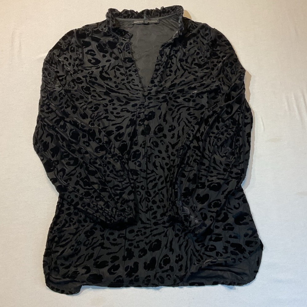 White‎ House Black Market Black Long Sleeve Sheer Leopard Print Ruffle Size S